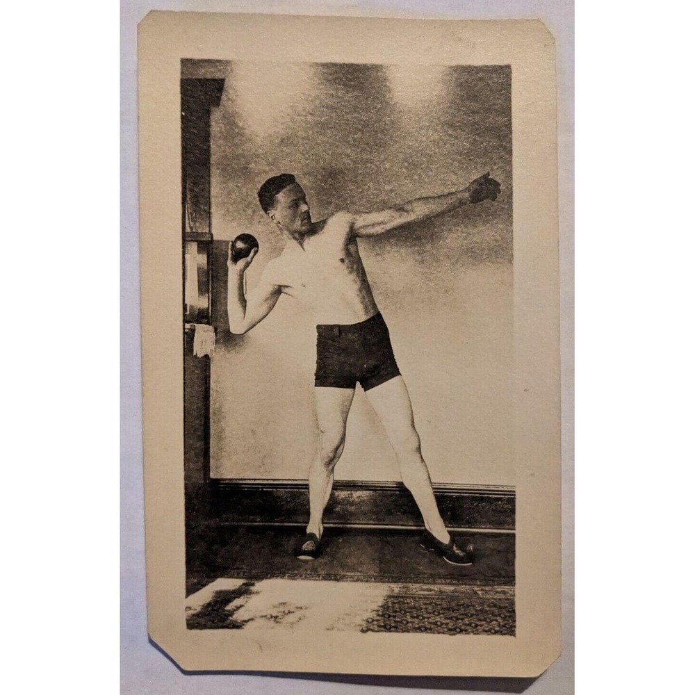 Young Man Shot Put Pose Bodybuilder Black Shorts Gay Interest VTG‎ RPPC Postcard